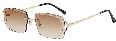 Kachawoo Lunettes de soleil rectangulaires sans monture avec bords gravés Parasols marron bleu gris unisexes, Medium