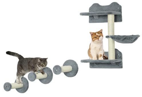 PawHut 4 Piece Cat Shelf Cat Wall Furniture Wall-Mounted Cat Tree for Indoor Cat w/Hammock, Steps, Platforms, Scratching Post - Grey, 40 x 28 x 73 cm