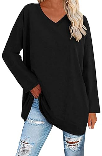 Tee Shirt Femme Col V, Top Femme Grande Taille,Haut Manches Longues Femme Couleur Unie Épaules Baissées Chic Et Élégant Tunique Solide Casual Lâche Hauts Pullover Loisirs MI-Long Solide Tshirt