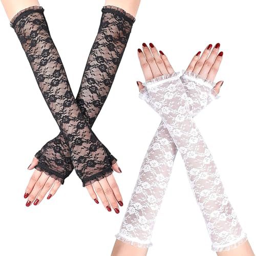 SLEEKEE 2 Pares de Guantes de Encaje Sin Dedos - Largos Transparentes, Elegantes Vintage, Mangas Estampadas, Elásticos para Mujer - Negro, Talla Única