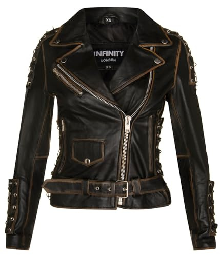 Dam svart läder motorcykel Brando motorcykeljacka, Svart, 3XL