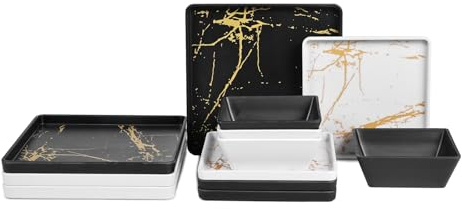 Yummost Square Melamine Dinnerware Sets of 12 Pcs,Square Plates and Bowls Sets,Unbreakable Dish Set for 4,Lightweight, Dishwasher Safe and BPA Free,Suit for RV,Camping （Black and White）