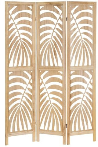 Biombo de 3 Hojas de Madera de paulonia Natural con Tallado de Hojas de Palmera de 120x170 cm