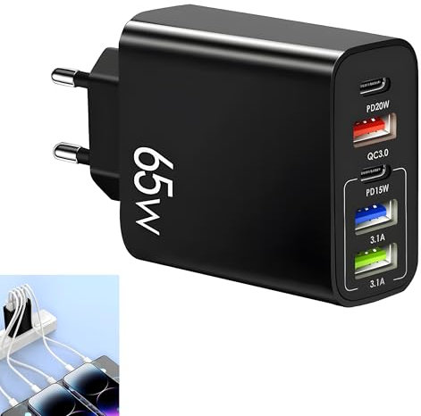Cargador USB C 65W con 5 puertos, 3 usb A 2 usb C, cargador rápido con soporte PD, salida 3.1A, toma estándar, negro, compatible con smartphone, tablet, power bank, viaje, uso diario