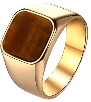 JewelryWe Tigerauge Ring Siegelring für Herren: Gold Edelstahl Herrenring Quadratischer Fingerring mit Braun Tigerauge-Stein Vintage Statement Ring für Hochzeit Geburtstag Jubiläum Größe 62