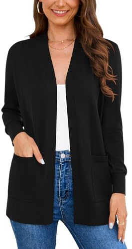 Wiwclo Veryoung Women's Long Sleeve V-Neck Open Front Cardigan Knit Jean Jacket Sweaters with Pockets, Black, X-Large