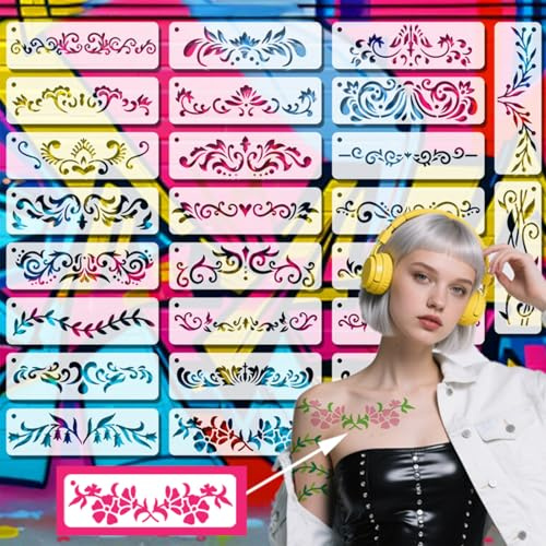 26 StückBordüren Schablonen Set 13x4cm Wiederverwendbare Malschablonen mit floralen Ornamenten und Mustern für DIY Malerei Wand Gesicht Körper Stoff Holz und kreative Projekte