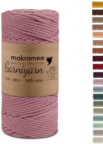 GarniYarn macramé bomull 3mm hantverksrep, snyggt kordelsnöre, Qeen Rose