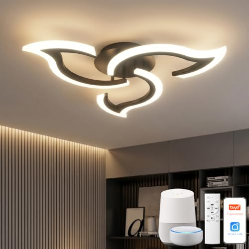 Lámpara de Techo Inteligente Compatible con Alexa, LED Regulable con App y Control por Voz, Moderno Plafón Diseño Flor con Mando a Distancia para Dormitorio, Comedor, Cocina, WiFi 2.4GHz, Negro