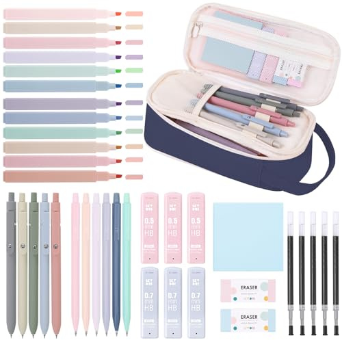 SKYDUE Cute School Supplies 38 PCS, Pencil Case with 12 Pastel Highlighters, 5 Black Gel Pens, Mechanical Pencils, College Essentials Students Stationary Set Dark Blue