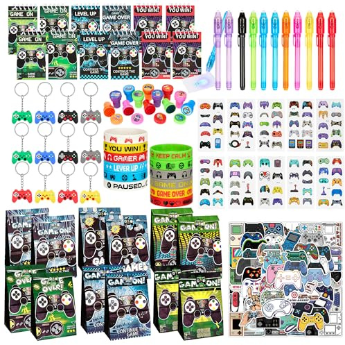 134 sacchetti da gioco per bambini, per videogiochi, bomboniere, con penna, quaderno, braccialetto in silicone, portachiavi, adesivi luminosi, sacchetti regalo per gamer, feste di compleanno