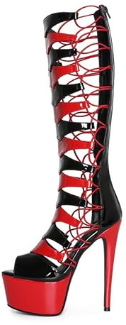 Veelau Meieer Stivali stringati da donna con suola a spillo Gladiator con tacco alto fino al ginocchio, Nero rosso, 41 EU