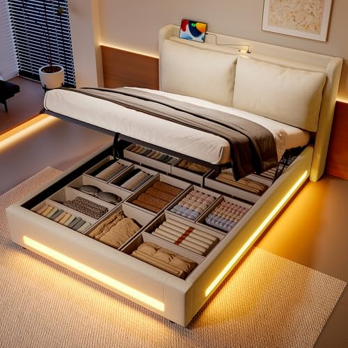 Modern sammets-himmelssäng med snygg sänggavel, praktiskt förvaringsutrymme, USB-C-portar, ambient LED-belysning, avtagbar kudde och integrerat dammskydd. Elegant och funktionell. 160 x 200 cm