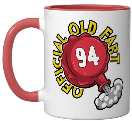 94th Birthday Official Old Fart Funny Red Whopee Cushion Ceramic Mug, Red/White