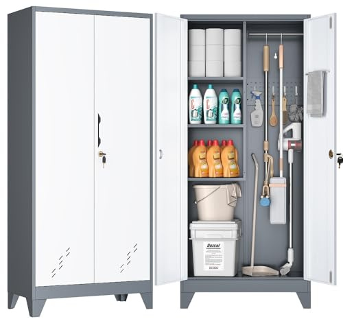 OSEILLC Metal Storage Cabinet,61 Cleaning Tool Cabinet with Locking Door,Tall Utility Cabinet Tool Organizer with Hanging Rods for Kitchen,Garage,Laundry Room