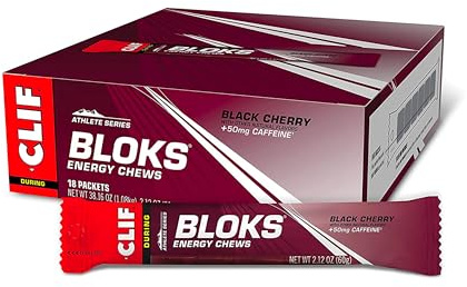 CLIF BLOKS - Black Cherry Flavor with Caffeine - Energy Chews - Non-GMO - Plant Based - Fast Fuel for Cycling and Running - Quick Carbohydrates and Electrolytes - 2.12 oz. (18 Count)