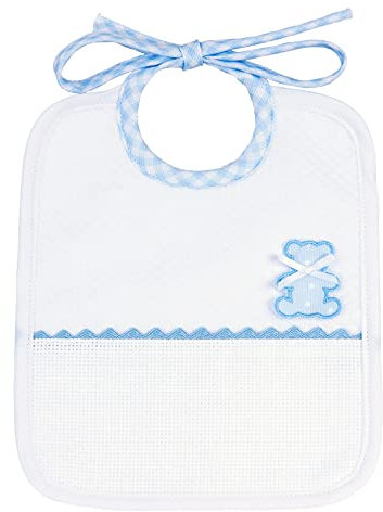 Filet – Rechteckiges Lätzchen aus weichem Stoff mit weißer Lutschtabletten-Motiv, mit Stickerei in Bärenform und Tasche aus Aida-Stoff, himmelfarben, Einheitsgröße, 29 g