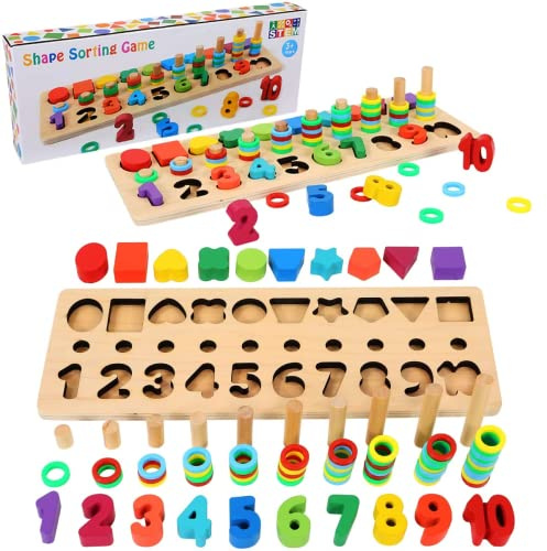 Bambebe Montessori Wooden Puzzles Toy for 3 Years Old, Educational Math Games Stacking Block Learning Jigsaw Board, Wooden Shape Sorter Toy, Preschool Number Puzzle Counting Games