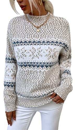 KANDEMY Pull De Noël Femme Motif Jacquard Flocons Tricot Chaud Doux Pull Noel Femme Manches Longues Style Nordique Hiver Décontracté Cadeau Fêtes Chic A2-Abricot XL