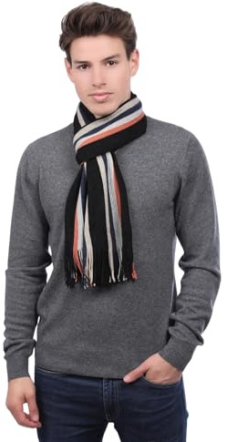 JL DE LA TOUR – Écharpe homme tricotée rayée 100% cachemire – Fines franges – Longueur 170 cm – Écharpe hiver élégante et luxueuse rayures orange-marine-noir