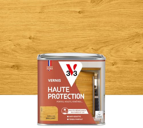 V33 Vernis bois extérieur Chêne clair brillant - Haute Protection - Haute résistance rayures et UV - Anti-goutte et tendu bon - Ecolabel - 0,5L