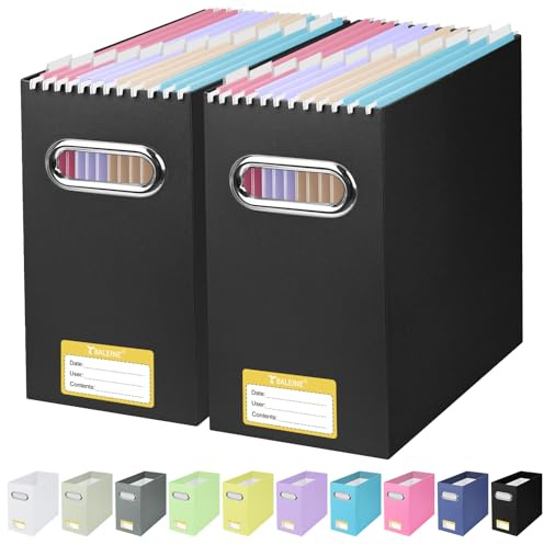 BALEINE File Organizer Box, Cardboard File Folder Organizer with Handle for Letter Size, Portable Collapsible Hanging Filing Box for Home Office Document Storage (2 Pack, Black)