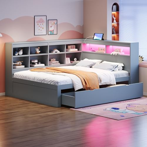 YuQozii Divano in legno massello 140 x 200 cm, con cassetti extra grandi, con presa USB e striscia luminosa a LED, con ripiani e ripiani, ampio spazio di archiviazione, doppio letto in legno