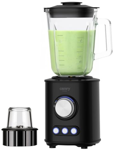 Camry Batidora de vaso con 3 programas CR 4088, 2 velocidades, vaso de Vidrio 1,5L, cuchilla de acero inoxidable con 6 hojas recubiertas de titanio, picadora, libre BPA y triturador de Hielo, Negro