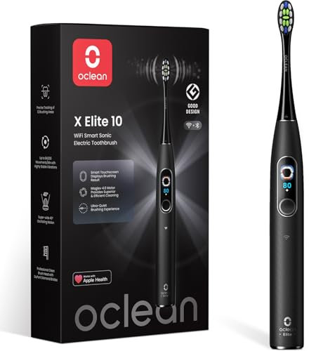 Spazzolino elettrico Oclean X Elite 10, Spazzolatura personalizzata AI, Touchscreen con tracciamento a 12 aree, 40° Oscillazione, 5 Modalità, Timer, 40 Giorni, Previsioni meteo, IPX7, Nero