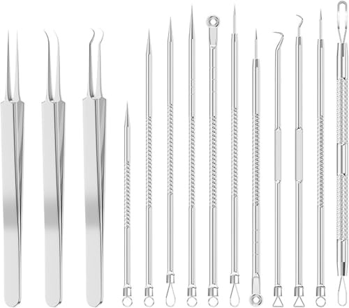 KEWAYO Estrattore professionale di punti neri - Kit comedoni 14 pezzi custodia metallica e pinzetta di precisione per la cura della pelle