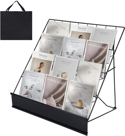 AshKiz Book Display Rack with Storage Bag, Book Signing Rack, 4 Tiered Tabletop Magazine Display Rack for Library Classroom Picture Literature Brochure 16.14 x 17.95 x 17.24