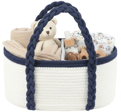 Baby Diaper Caddy, Portable Diaper Organizer for Changing Table, Car Travel Baby Shower Gifts Newborn Essentials, Cotton Rope Nursery Storage Basket for Boys (White＆Navy Blue)