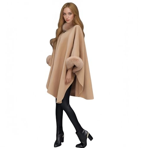Proumhang Abrigo Capa Elegante Línea A Tejido,Cuello Grande de Pelo Falso con Capucha,Abrigo Invierno Trench Mujeres Tallas Grandes,Cálido Poncho Chal Cardigan Camello 2XL