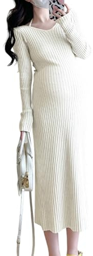 Montesy Vestido de maternidad de invierno, tejido de punto cálido, favorecedor, corte entallado, elástico, cuello en V, para embarazo, mejoras para mujer, vestido de maternidad de punto acrílico