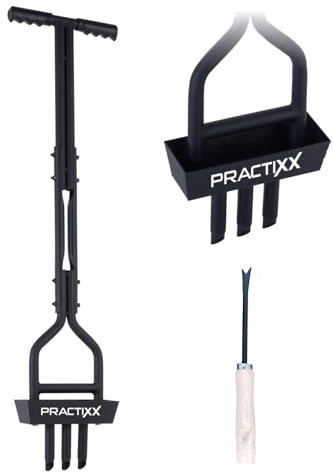 Practixx Rasen Aerifizierer PX-RL10 Hand Rasenlüfter mit Auffangbehälter schwarz - 20cm Arbeitsbreite | 3 Zinken | Softgrip | Rasen belüften | Rasenbelüfter mit Reinigungswerkzeug | Handaerifizierer