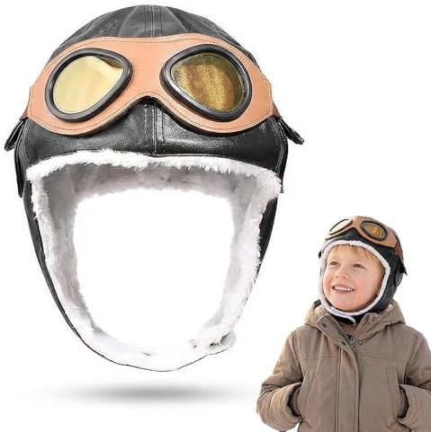 Vervora Kids Aviator Hat with Goggles, Faux Leather Fur Lined Winter Pilot Style Cap, Children’s Warm Dress-Up Accessory for Photos and Themed Outfits (Black Pilot)