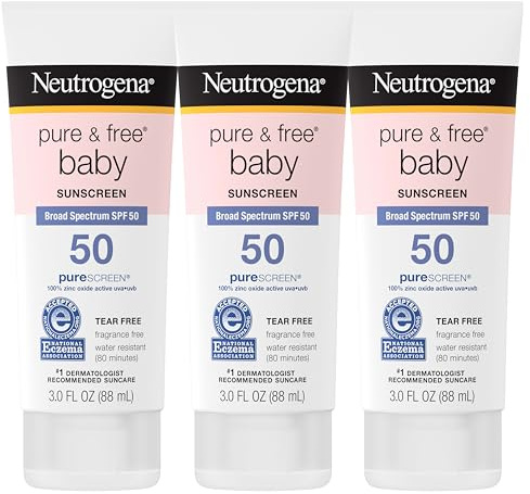 Neutrogena Pure & Free Baby Mineral Sunscreen Lotion with Broad Spectrum SPF 50 & Zinc Oxide, Water-Resistant, Hypoallergenic & Tear-Free Baby Sunscreen, 3 fl. oz, 3 pk