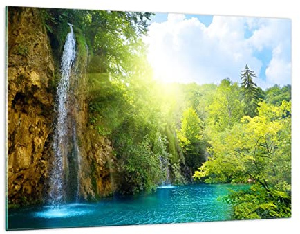 Quadri Moderni Soggiorno Cascata Forrest Cielo Quadro su Vetro 120x80cm Stampe da Parete in Vetro Camera da Letto Cucina 1 pezzo Wall Art Grandi XXL Decorazione Murale Grafica Immagini GAA120x80-0157