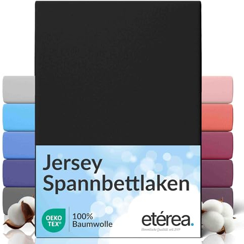 etérea Comfort Jersey Påslakan 100x200cm - 120x200 Oekotex Made in Green - 100% bomull, jersey, monterat lakan upp till 25 cm högt - lakan 100x200-120x200 cm svart