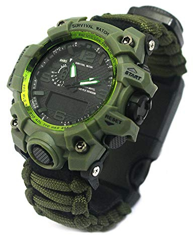 YzoTek 6 en 1 reloj de pulsera de supervivencia al aire libre, deportes de emergencia, resistente al agua primeros auxilios con paracord, brújula, termómetro, silbato, arrancador de fuego, raspador