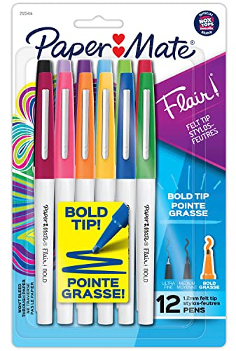 Paper Mate Flair Felt Tip Pens, Bold Tip (1.2 mm), Assorted Colors, 12 Count