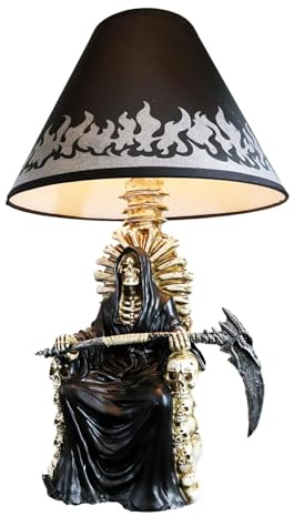 Ebros Gift Ghastly Wisdom Grim Reaper with Scythe Seated On Skulls and Skeleton Bones Throne of Justice Sculptural Desktop Table Lamp with Fabric Shade Ossuary Macabre Decorative Accent Light