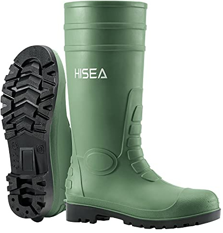 HISEA Men's Steel Toe Rain Boots PVC Rubber Boots, Waterproof Garden Fishing Outdoor Work Boots, Durable Slip Resistant Knee Boots for Agriculture and Industrial Working, Green Size 11