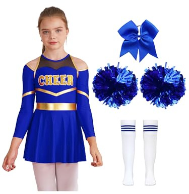 Miutii Mädchen Cheer Leader Cheerleading Kostüm Langarm Kleid mit Pompoms Socken Cheerleading Uniform Halloween Karneval Fasching Party Tanzkleid Aa Blau 134-140