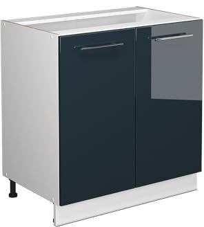 Vicco Spülenunterschrank Fame-Line, Dunkelblau Hochglanz/Weiß, 80 cm ohne Arbeitsplatte