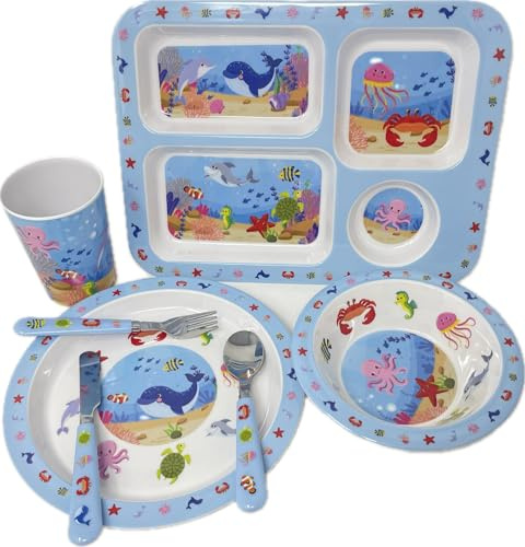 Sea Life - Juego de vajilla de 5 piezas para niños, vajilla reutilizable para el almuerzo, cubertería, tazón, tazón, bandeja, ligero, de alta calidad HTUK