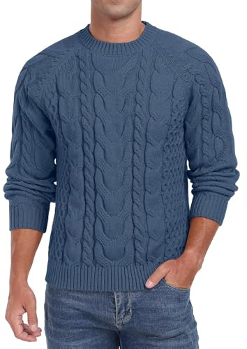 QIXING Men's Cable Knit Jumper Crew Neck Sweater Soft Casual Long Sleeve Textured Knitwear Tops for Men UK
