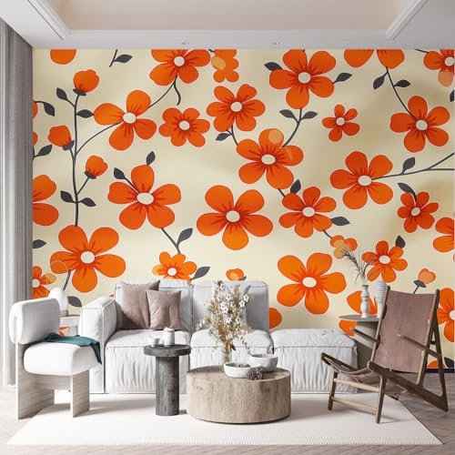 Orange Blumen Tapete Pflanze Fototapeten 200x140cm Vlies Premium Kunstdruck Wandbild Dekoration Poster Blumenmuster