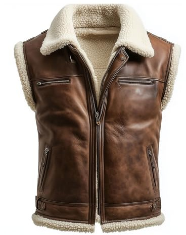 Sumairah Mens Leather Vest Shearling Vest Jacket Versatile Leather Coat Genuine Sheepskin Fur B3 Bomber Leather Coat Aviator Jackets(Brown Genuine Leather, X-Large)