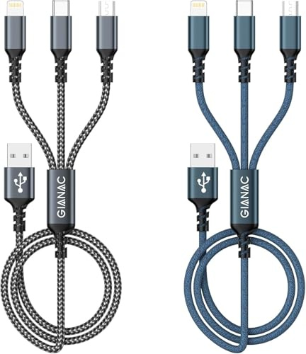GIANAC Multi Cavo di Ricarica, 2pack [2M] 3 in 1 Multiplo Cavetto con Micro USB Tipo C Lightning interfaccia Cavo USB di Ricarica USB per Google Pixel, Samsung alaxy,iPhone,Huawei,Honor